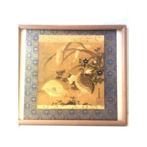 Tosa Mitsuoki Framed Woodblock Print Quail &Flowers Japan DAMAGED FRAME DISCOUNT